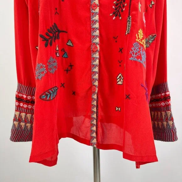 NWOT Johnny Was Biya Reverie Silk Floral Embroidered Red Shirt Blouse Size M - Picture 4 of 13